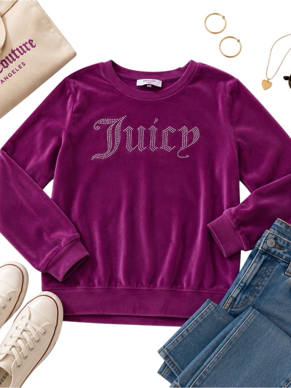 Juicy Couture Velour Rhinestone Logo Sweatshirt Magenta Pink Y2K Lounge in EUC